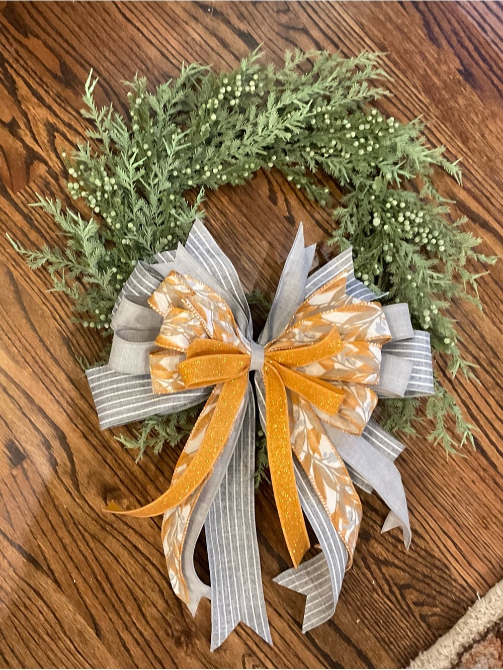 Green Cedar Holiday Wreath with Gray and Gold Bow - Unbranded